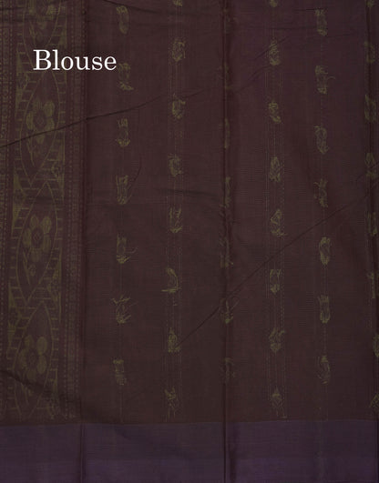 Handloom Pure Cotton Saree - Manthulir Green Colour Body With Contrast Dark Brown Blouse