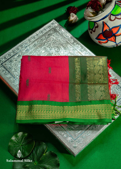 Beautiful Pinkish Peach Thread Butta Kalyani Cotton Saree With Contrast Green Traditional Border