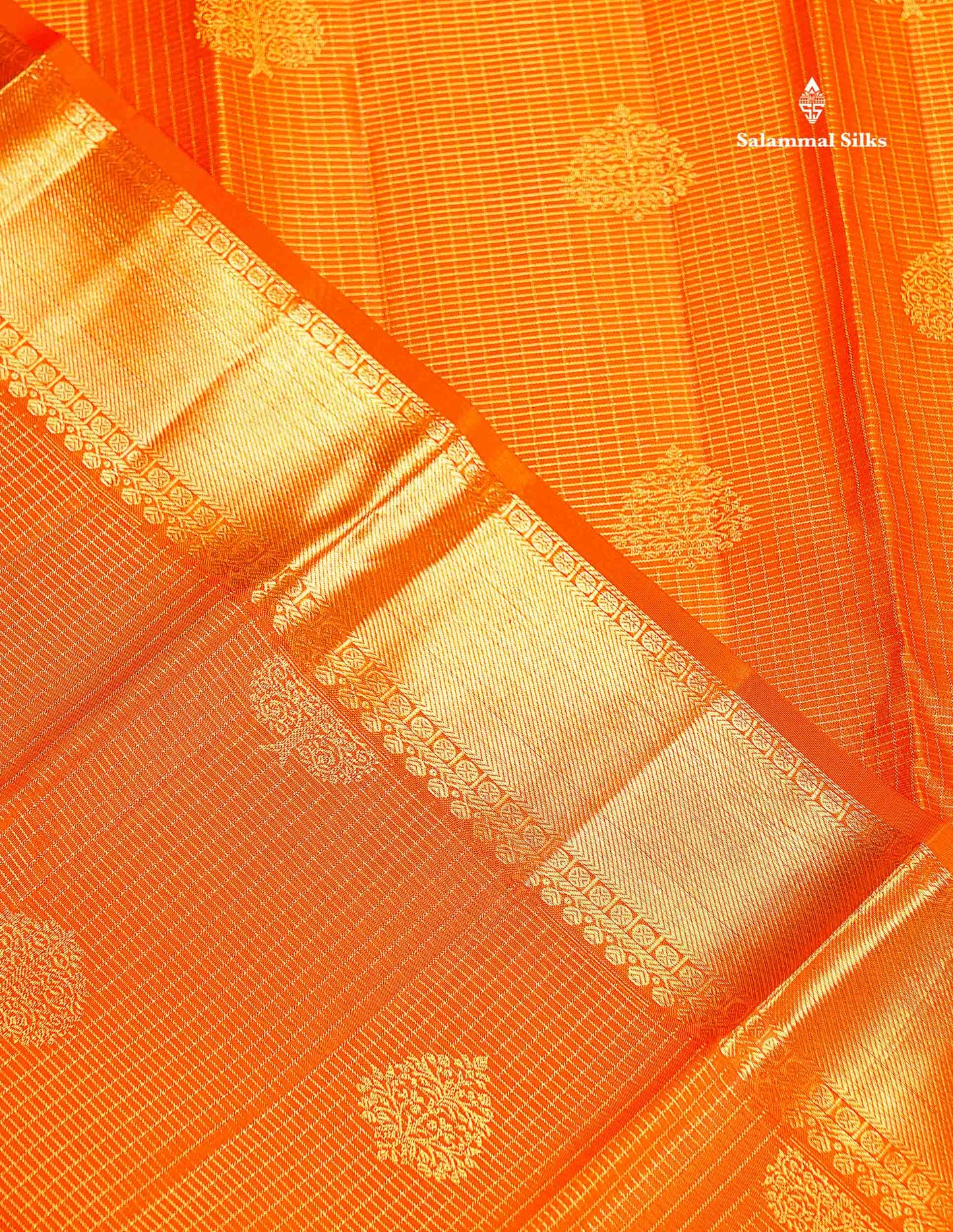 Pure Kanjivaram Silk Saree - Orange Colour Body Small Zari Checks With Butta & Traditional Evening Morning Border