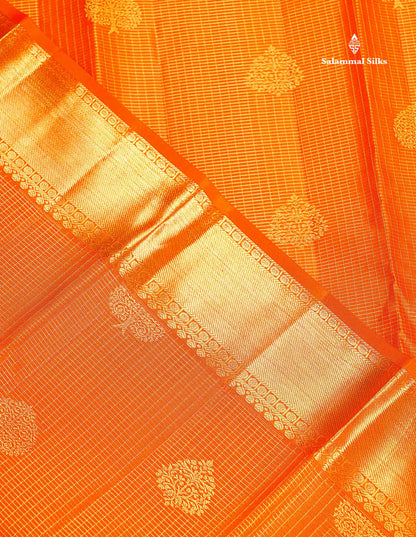 Pure Kanjivaram Silk Saree - Orange Colour Body Small Zari Checks With Butta & Traditional Evening Morning Border