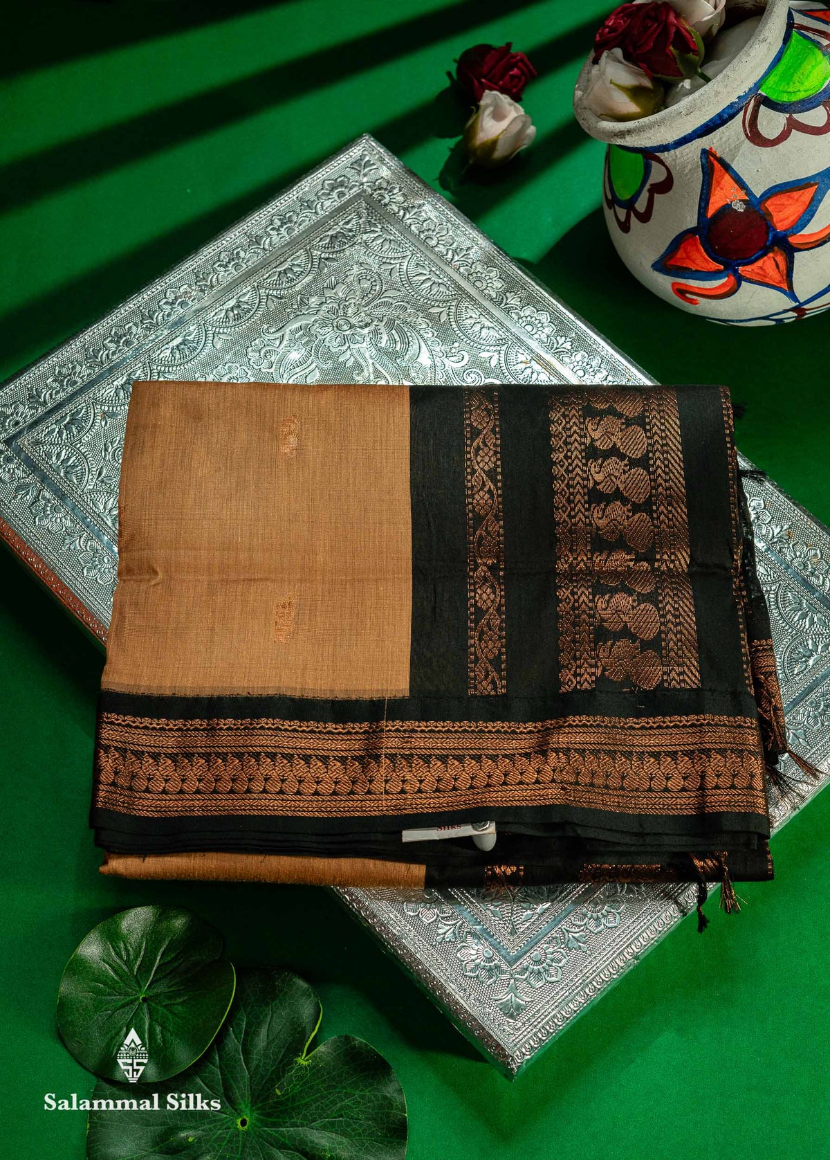 Sandal Kalyani Cotton Saree With Contrast Black Border