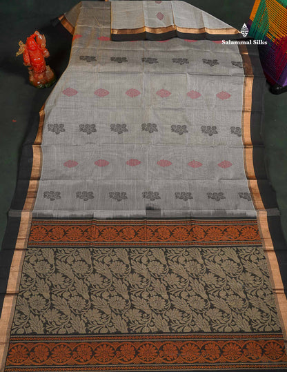 Handloom Pure Cotton Saree - Light Grey  Colour Body With Contrast Black Border