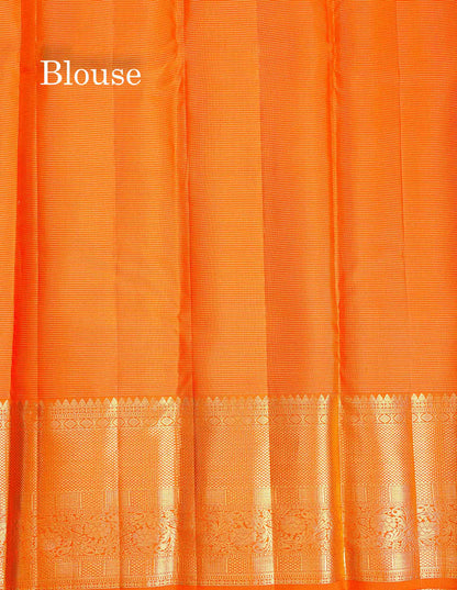 Pure Kanjivaram Silk Saree - Orange Colour Body Small Zari Checks With Butta & Traditional Evening Morning Border