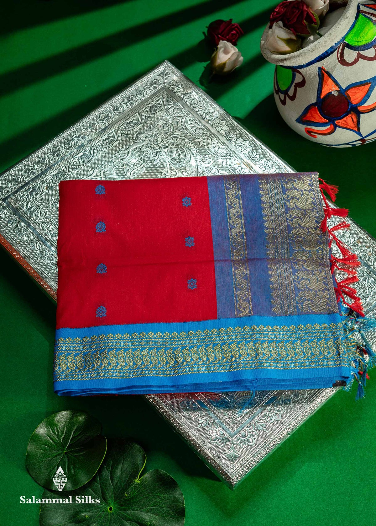 Chilly Red Kalyani Cotton Saree With Contrast Blue Border