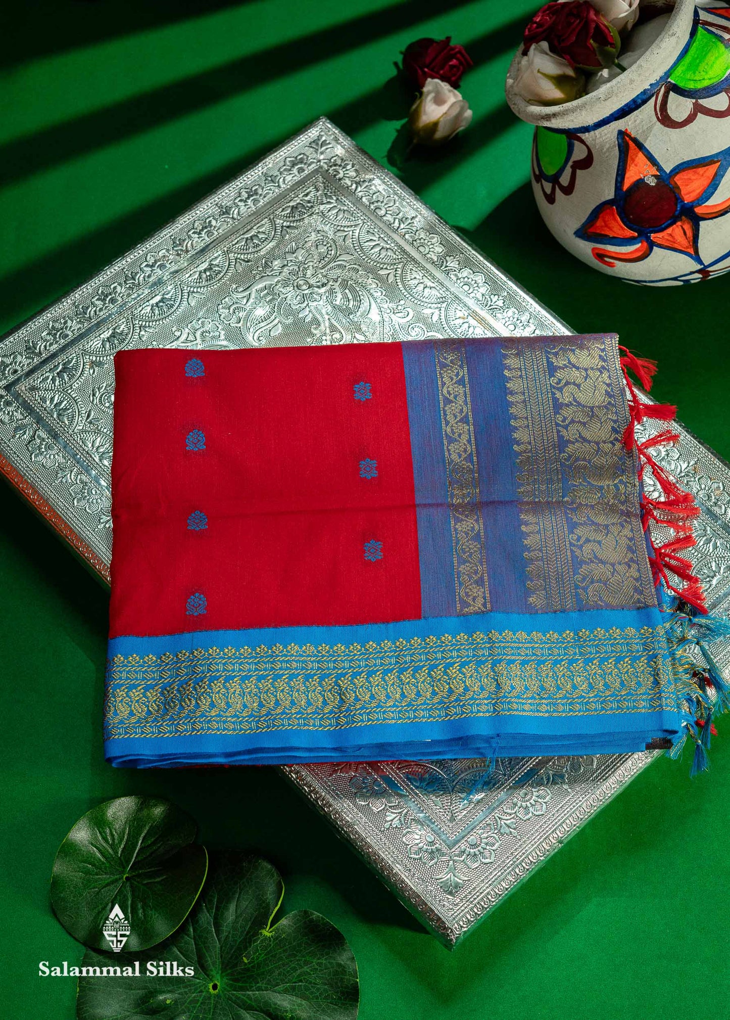 Chilly Red Kalyani Cotton Saree With Contrast Blue Border