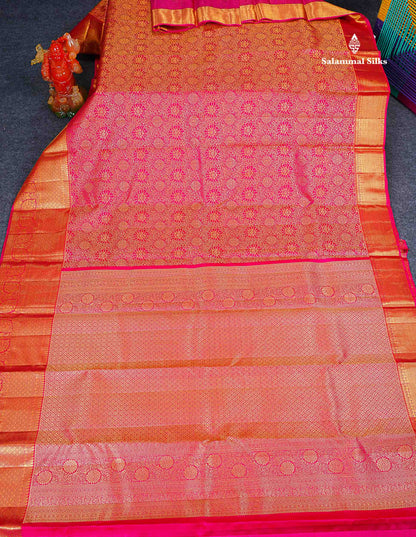 Bridal Pure Kanjivaram Silk Saree - Pink Colour Body With Traditional Evening Morning Border 