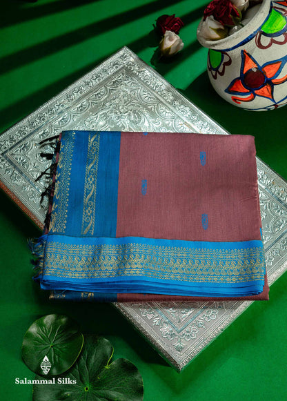 Beautiful Light Chocolate Thread Butta Kalyani Cotton Saree With Contrast Blue Traditional Border