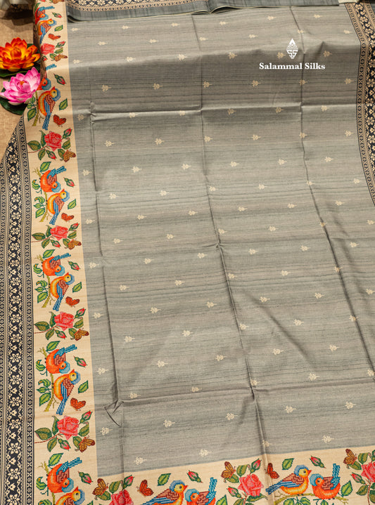 Grey Colour Printed Semi Tussar Saree With Fancy Border