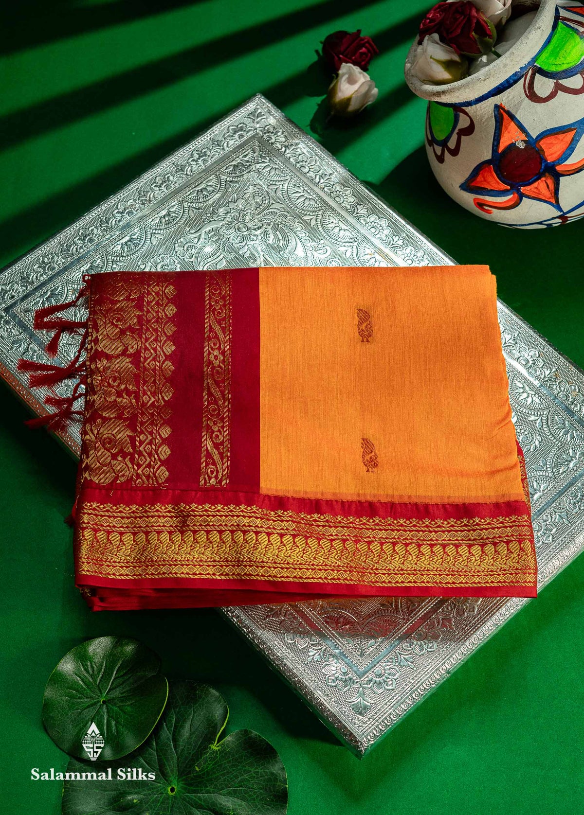 Beautiful Mango Yellow Kalyani Cotton Saree With Contrast Maroon Blouse
