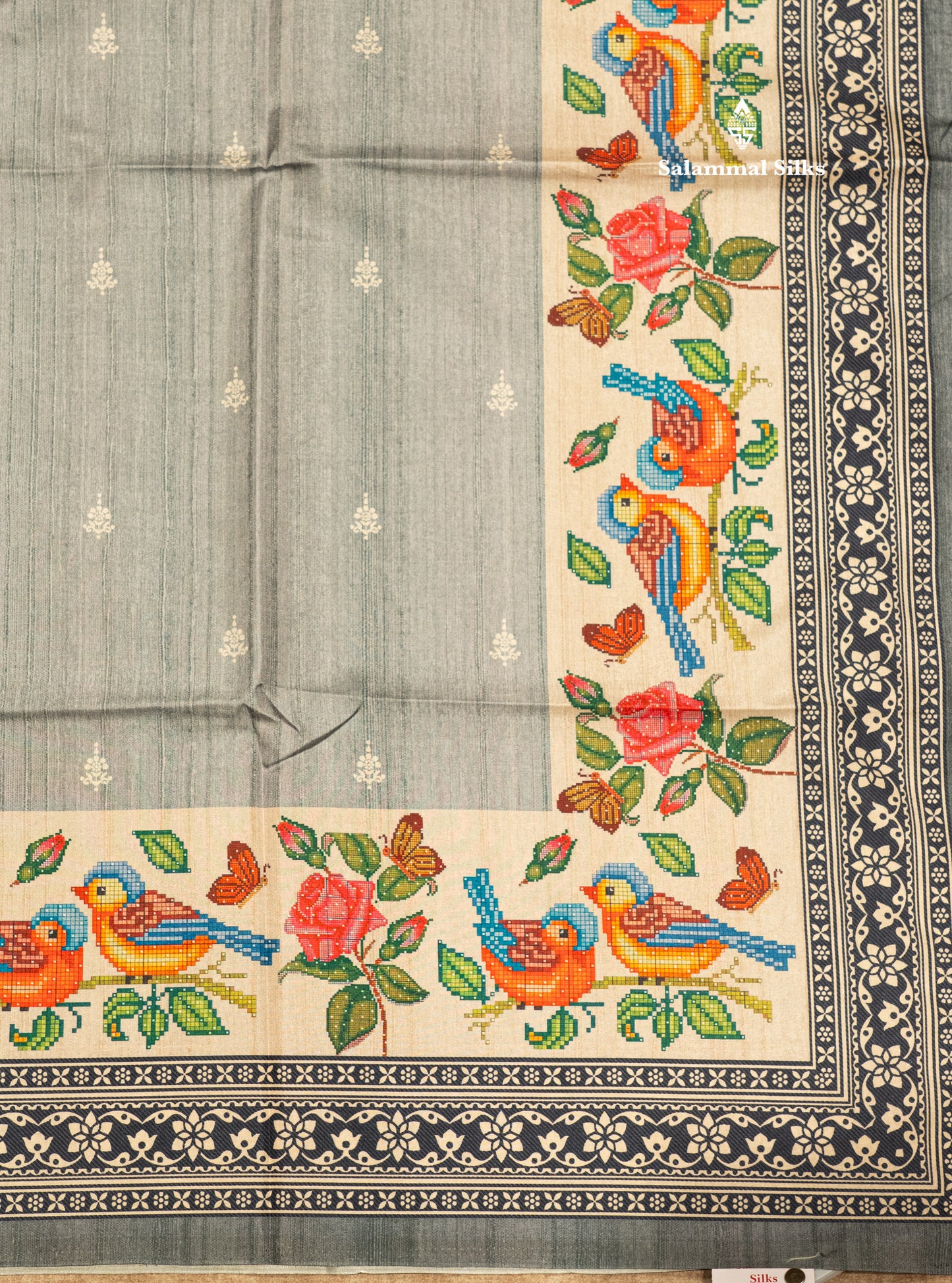 Grey Colour Printed Semi Tussar Saree With Fancy Border