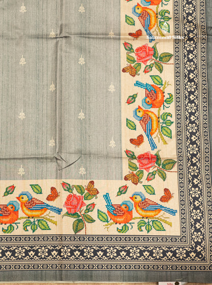 Grey Colour Printed Semi Tussar Saree With Fancy Border