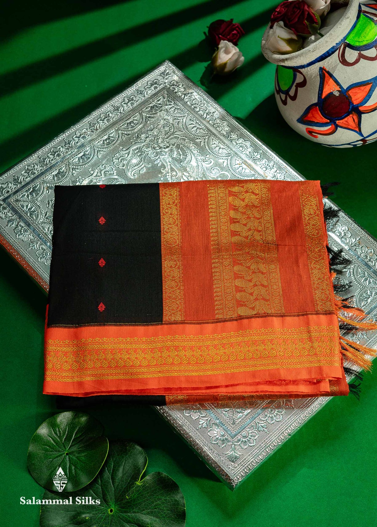 Black Kalyani Cotton Saree With Contrast Orange Border