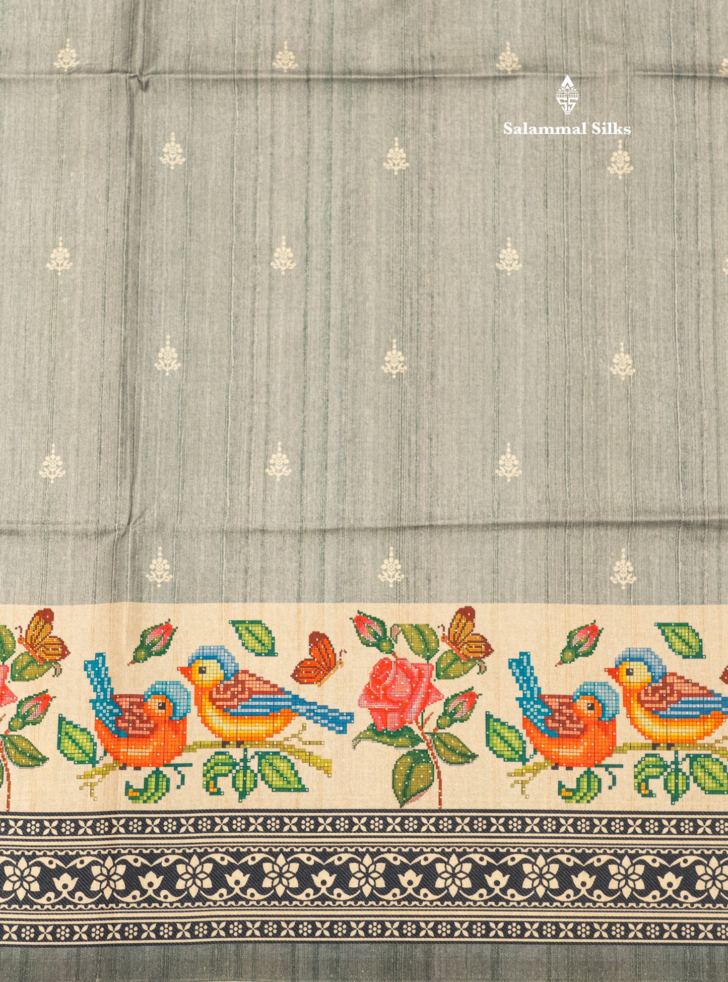 Grey Colour Printed Semi Tussar Saree With Fancy Border