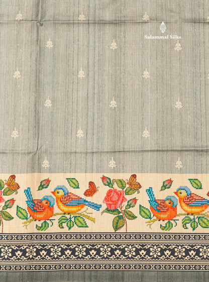 Grey Colour Printed Semi Tussar Saree With Fancy Border