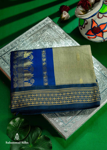 Beautiful Light Parrot Green Zari Butta Kalyani Cotton Saree With Contrast Navy Blue Traditional Border
