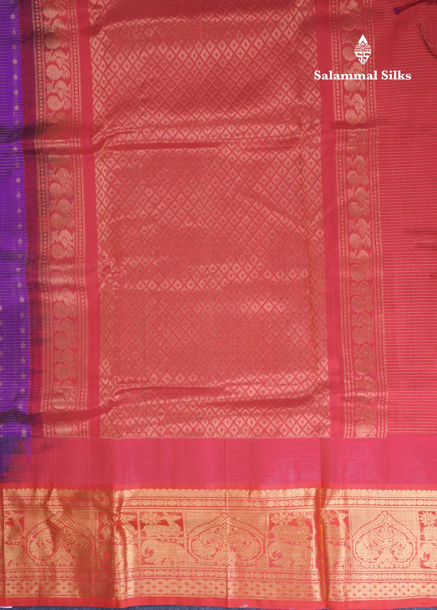 Dark Purple Zari Lines Pure Silk Cotton Saree With Contrast Red Traditional Evening Morning Border