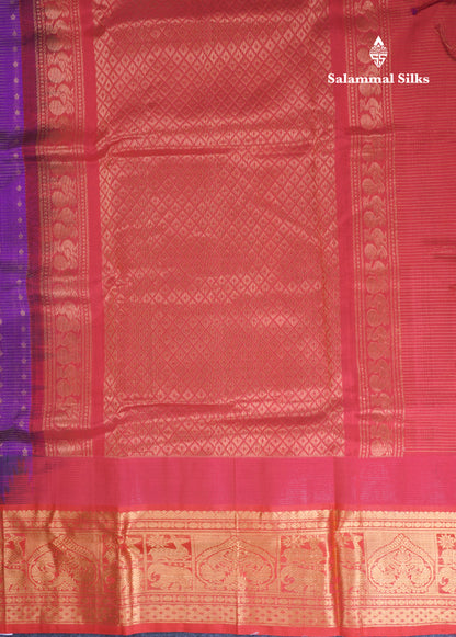 Dark Purple Zari Lines Pure Silk Cotton Saree With Contrast Red Traditional Evening Morning Border