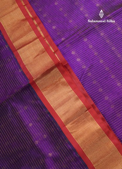 Dark Purple Zari Lines Pure Silk Cotton Saree With Contrast Red Traditional Evening Morning Border