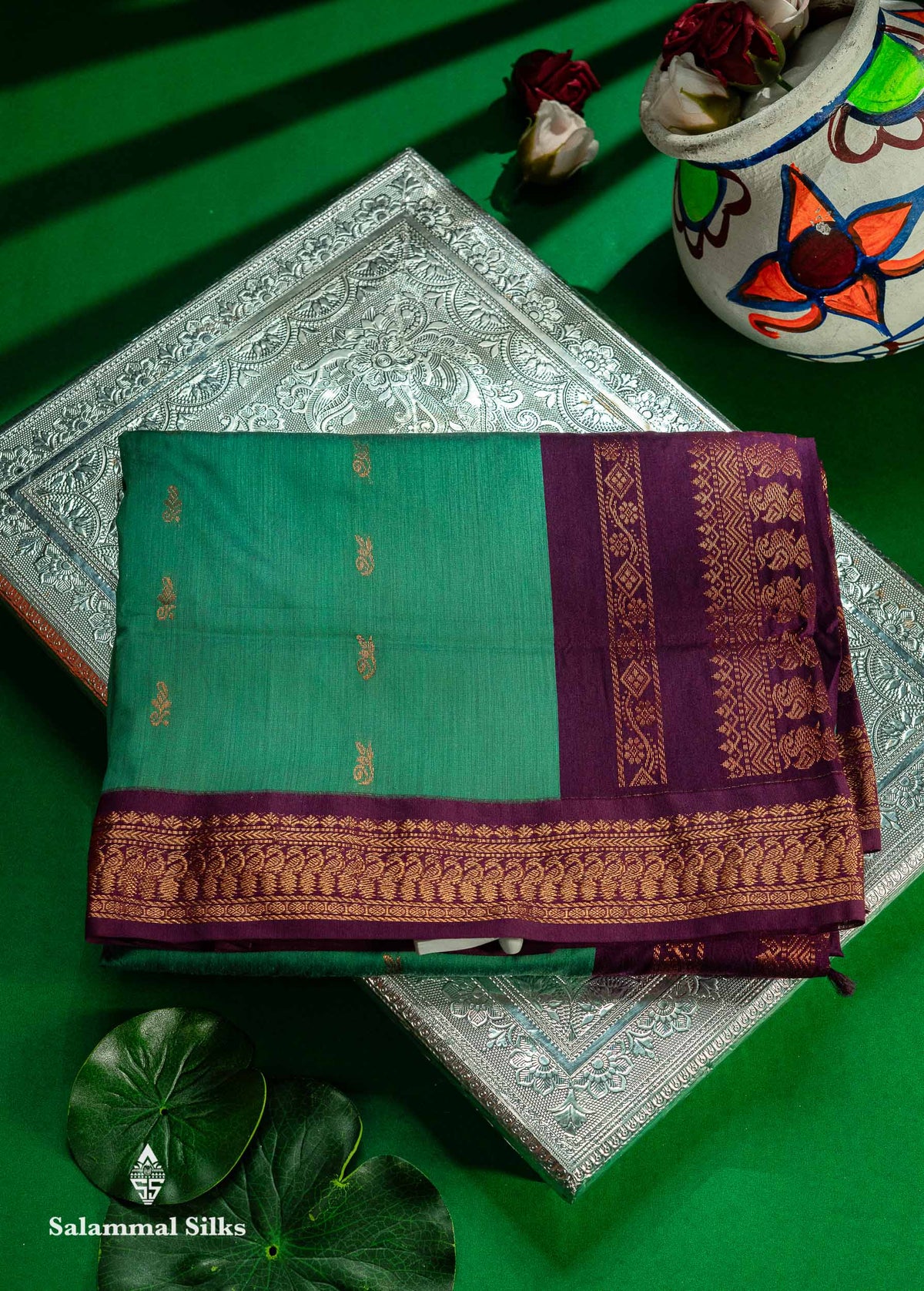 Saffire Green Kalyani Cotton Saree With Contrast Purple Border