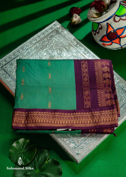 Saffire Green Kalyani Cotton Saree With Contrast Purple Border