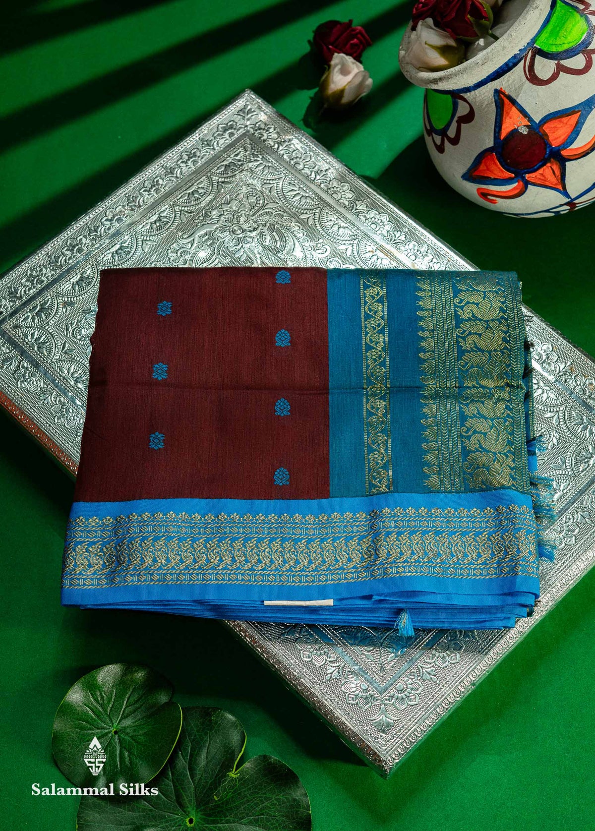 Beautiful Dark Maroon Kalyani Cotton Saree With Contrast Ramar Blue Blouse