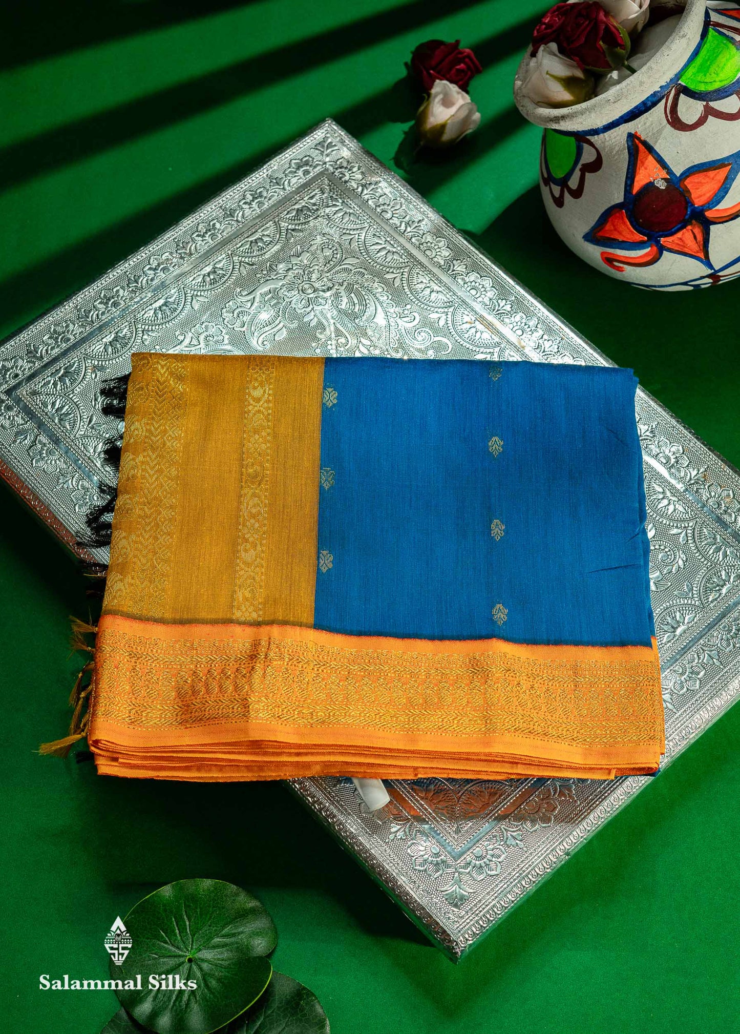 Beautiful Blue Zari Butta Kalyani Cotton Saree With Contrast Mango Yellow Traditional Border