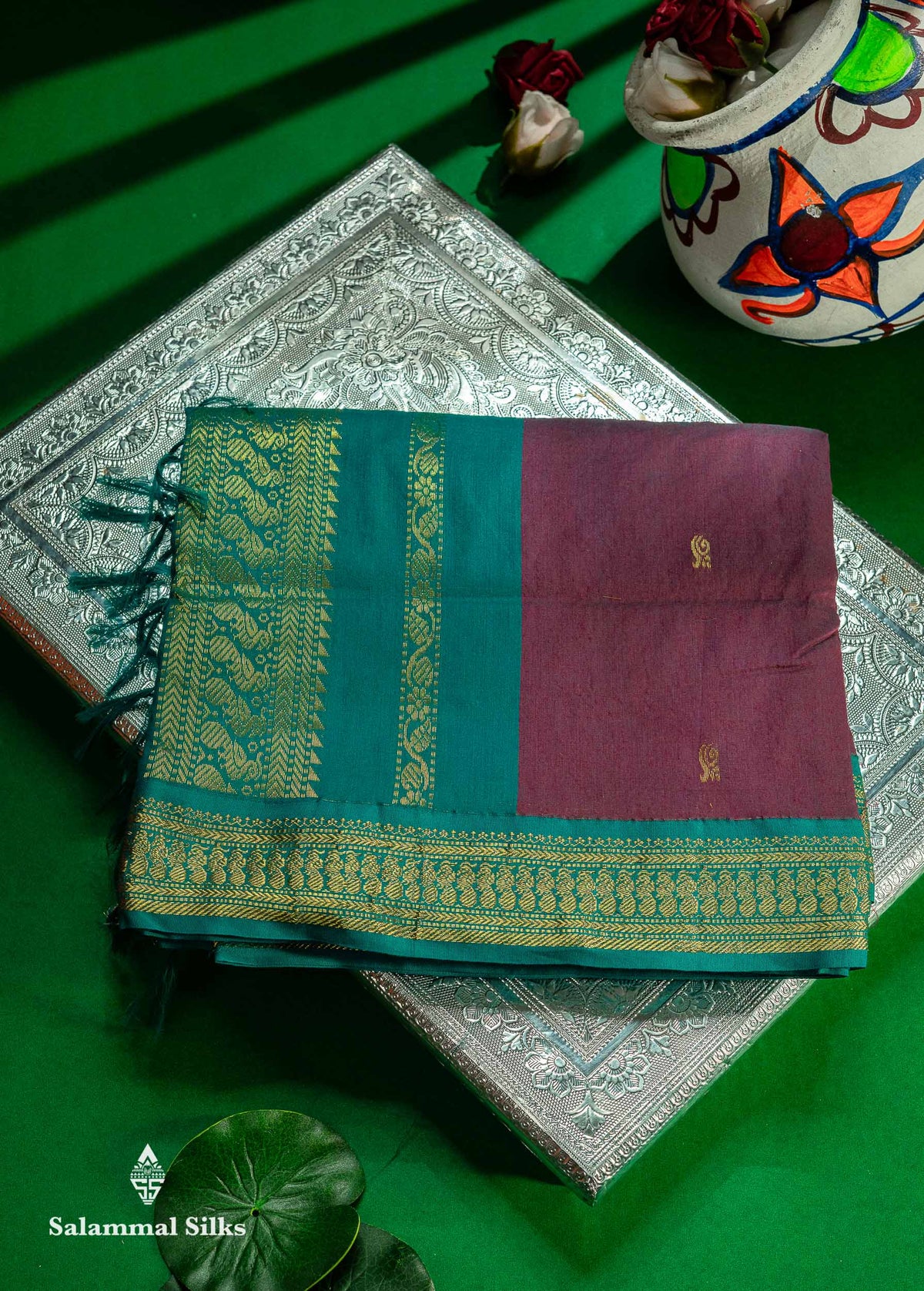 Beautiful Dual Tone Maroon Zari Butta Kalyani Cotton Saree With Contrast Peacock Green Traditional Border