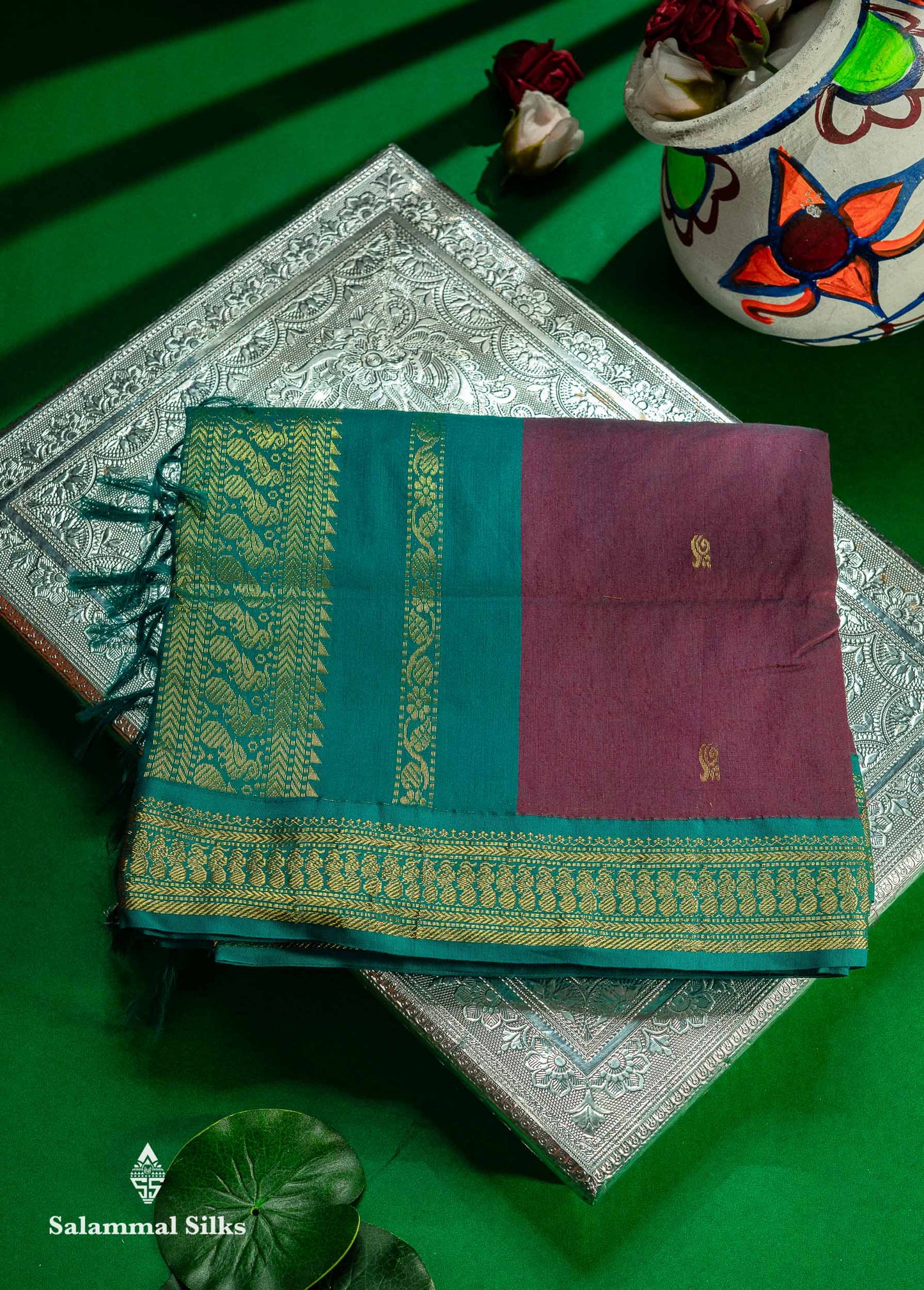 Beautiful Dual Tone Maroon Zari Butta Kalyani Cotton Saree With Contrast Peacock Green Traditional Border