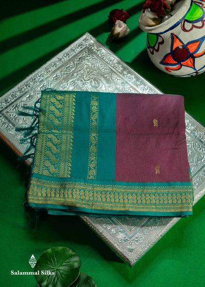 Beautiful Dual Tone Maroon Zari Butta Kalyani Cotton Saree With Contrast Peacock Green Traditional Border