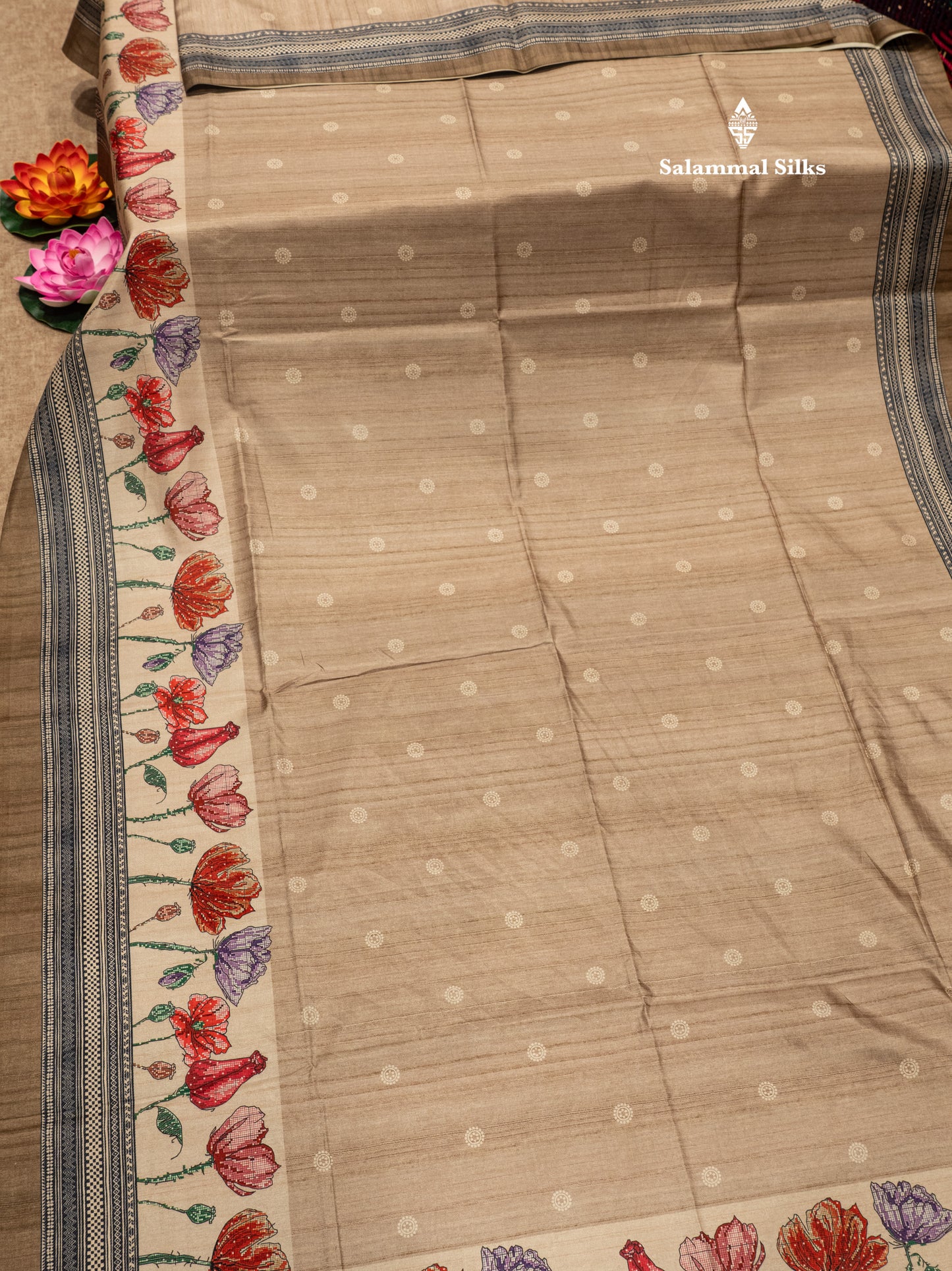 Grey Colour Printed Semi Tussar Saree With Fancy Border