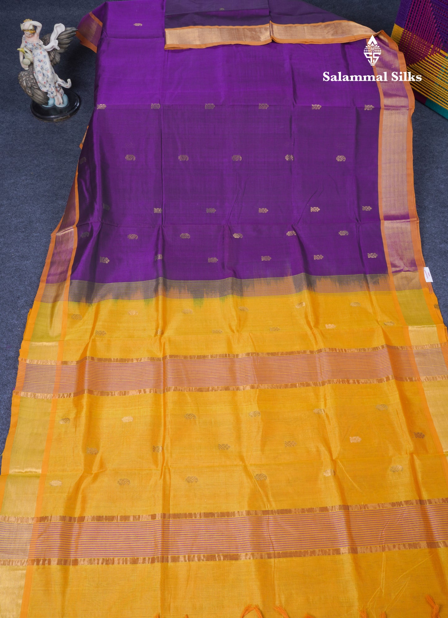 Dark Purple Pure Silk Cotton Saree With Mustard Yellow Blouse