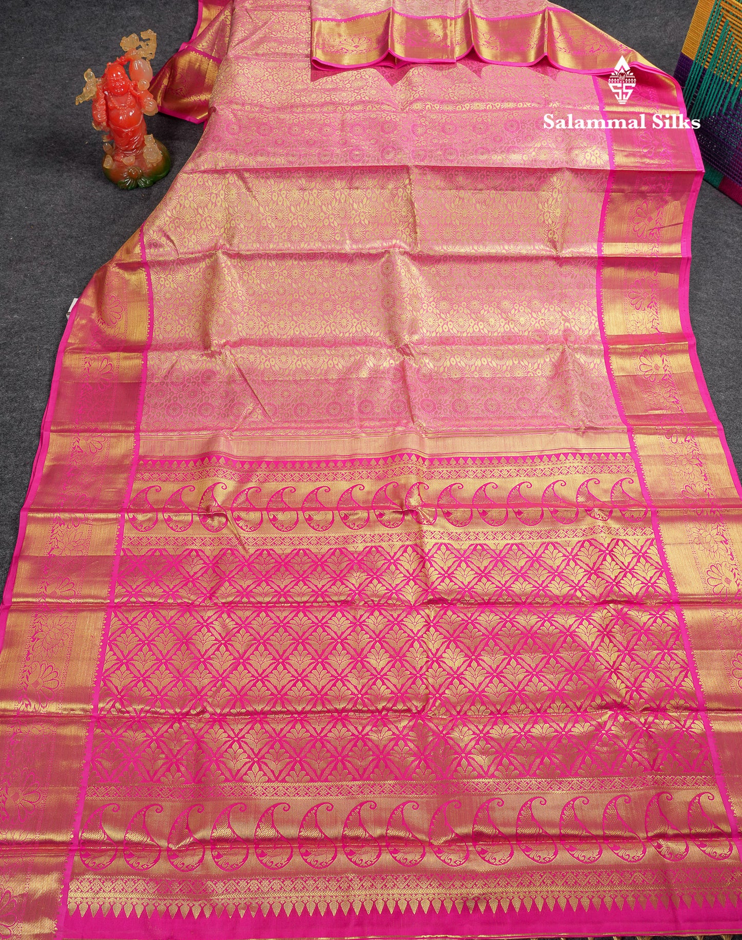 Beautiful Light Pink Tissue Bridal Pure Kanjivaram Silk Saree With Contrast Pink Traditional Border