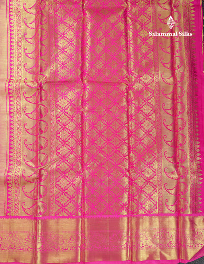 Beautiful Light Pink Tissue Bridal Pure Kanjivaram Silk Saree With Contrast Pink Traditional Border