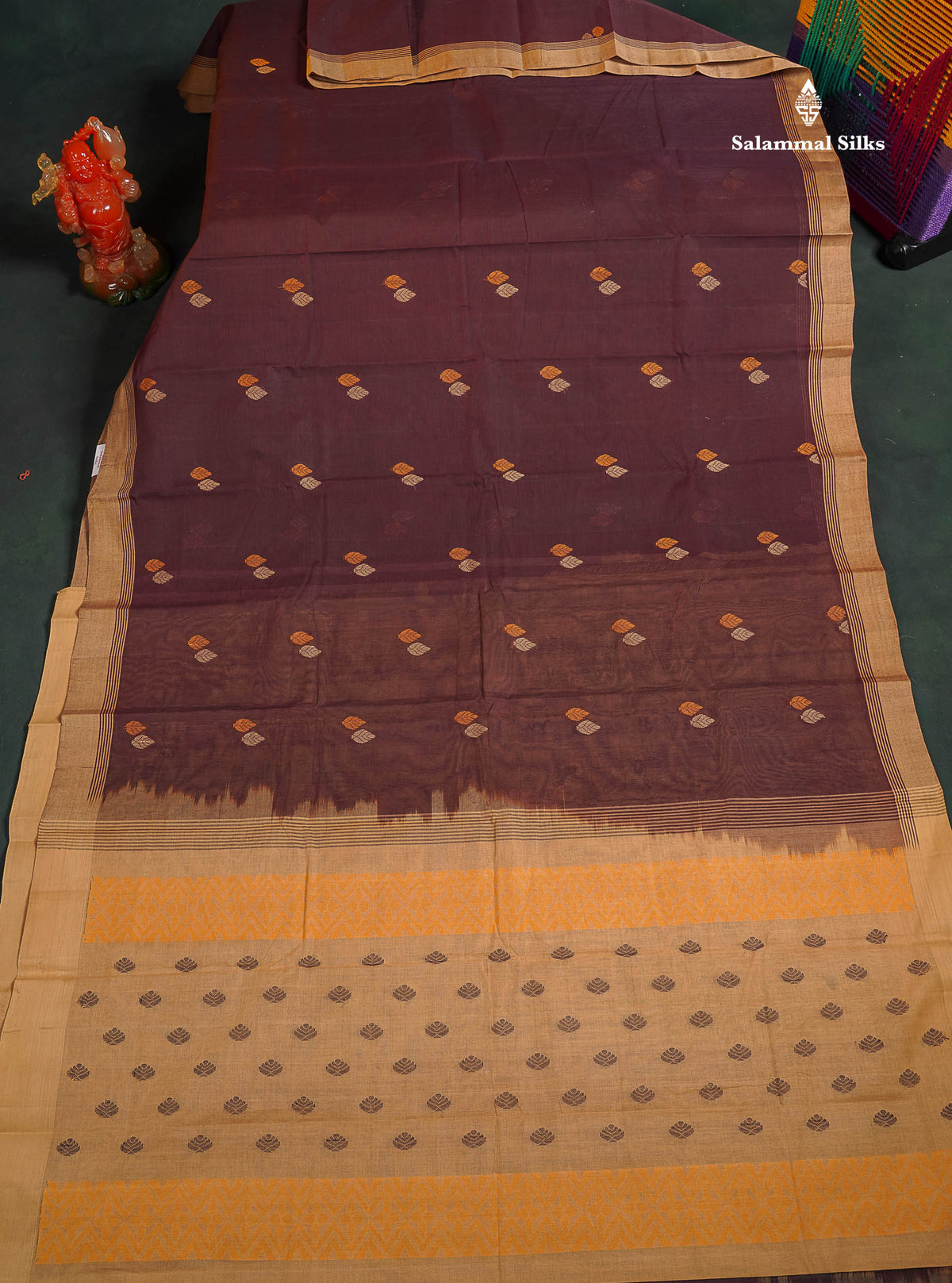 Handloom Pure Cotton Saree -  Brown Colour Body Thread Butta With Contrast Sandal Border