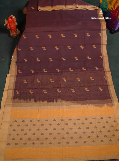 Handloom Pure Cotton Saree -  Brown Colour Body Thread Butta With Contrast Sandal Border