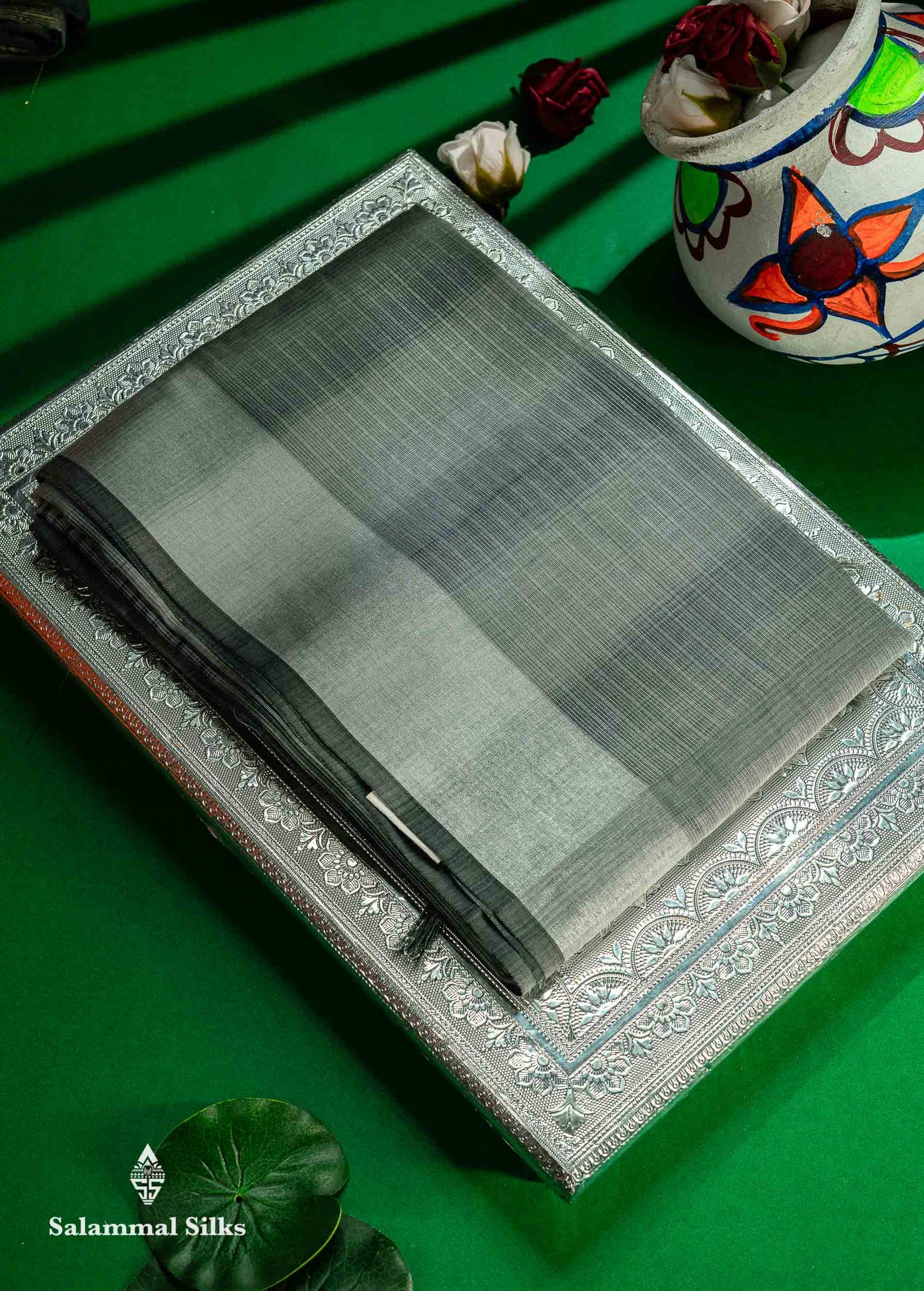 Beautiful Blueish Grey Linen Cotton Mix Saree With Fancy Tissue Border