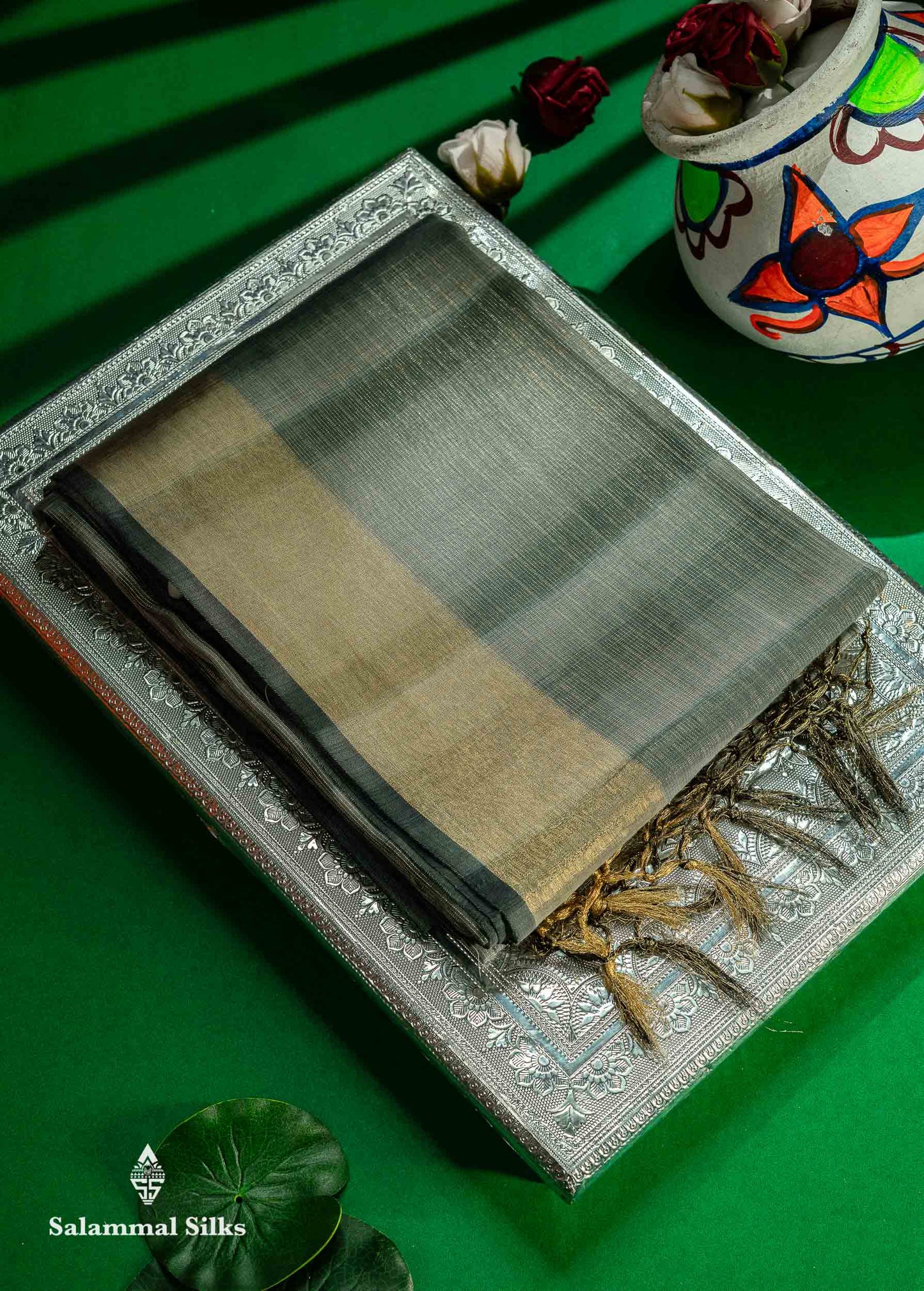 Beautiful Blueish Grey Linen Cotton Mix Saree With Fancy Tissue Border