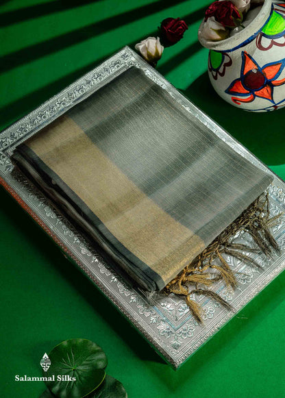 Beautiful Blueish Grey Linen Cotton Mix Saree With Fancy Tissue Border