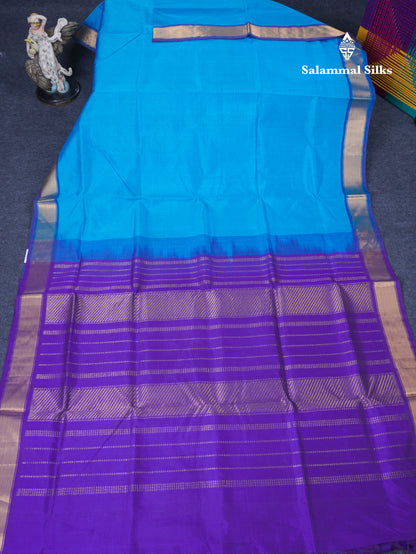 Aanada Blue Plain Pure Silk Cotton Saree With Contrast Violet Blouse