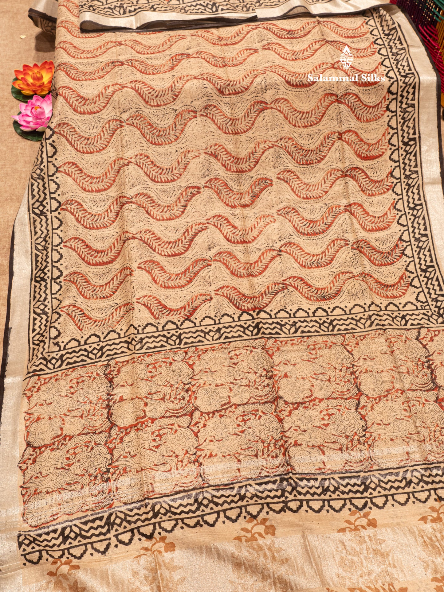 Sandal Colour Printed Pure Cotton Saree With Small Silver Zari Border