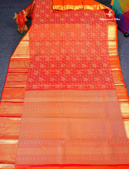 Bridal Pure Kanjivaram Silk Saree - Orange Colour Body With Traditional Evening Morning Border