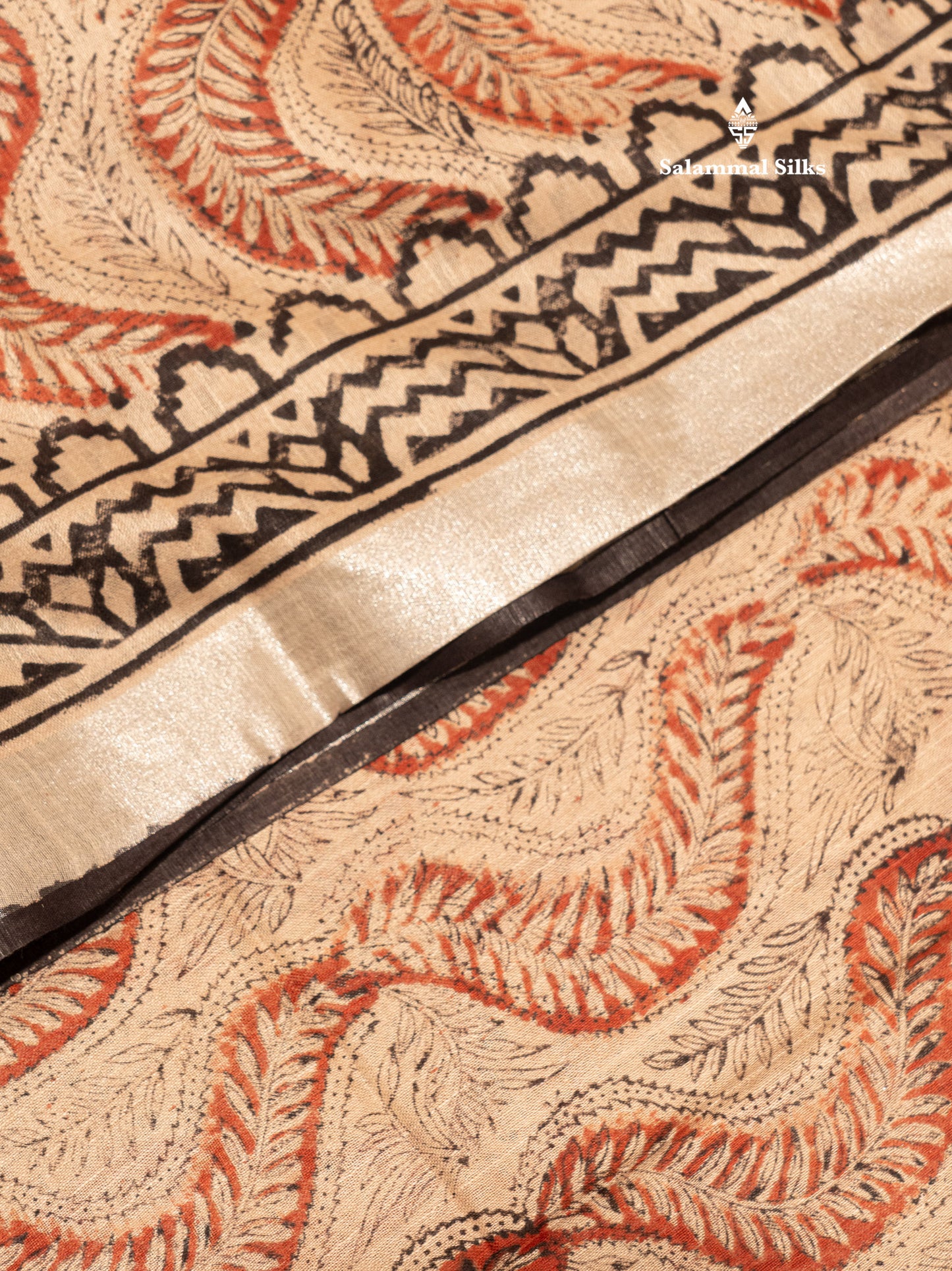 Sandal Colour Printed Pure Cotton Saree With Small Silver Zari Border