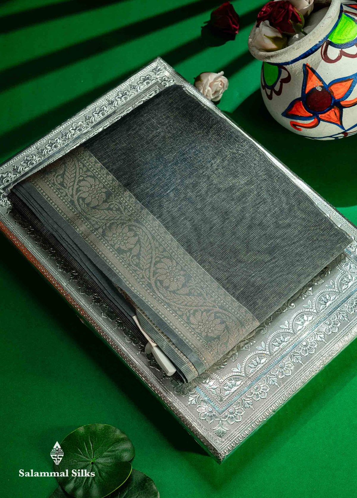 Beautiful Blueish Grey Vaira Oosi Linen Cotton Mix Saree With Fancy Border