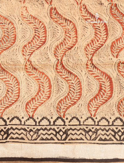 Sandal Colour Printed Pure Cotton Saree With Small Silver Zari Border
