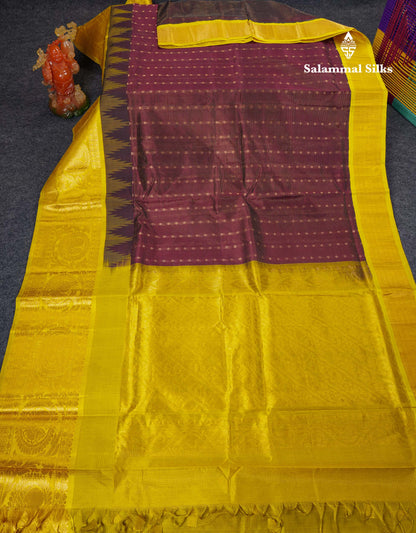 Beautiful Magenta Vaira Oosi Lines With Butta Pure Silk Cotton Saree With Contrast Lemon Yellow Traditional Evening Morning Border