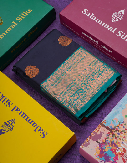 Dark Navy Blue Semi Silk Saree With Contrast Peacock Blue Traditional Border