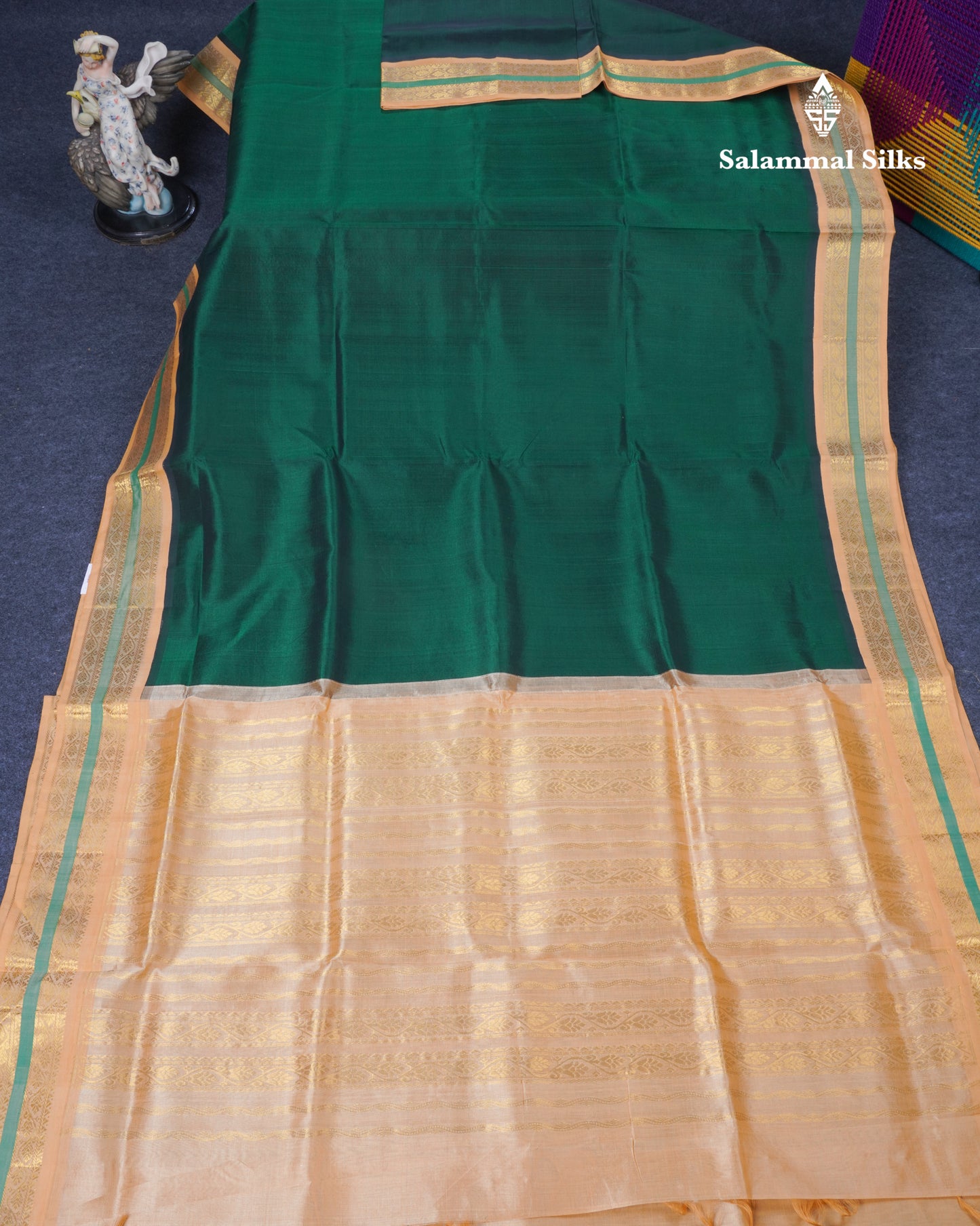 Bottle Green Plain Pure Silk Cotton Saree With Contrast Light Orange Traditional Border
