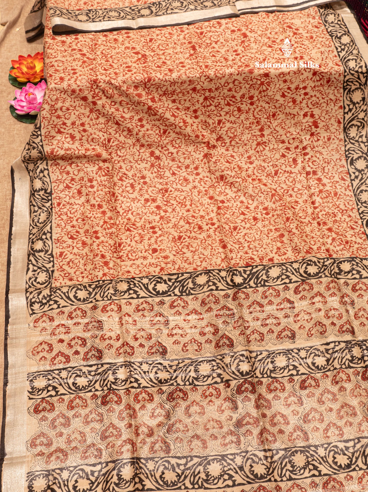 Sandal Colour Printed Pure Cotton Saree With Small Silver Zari Border