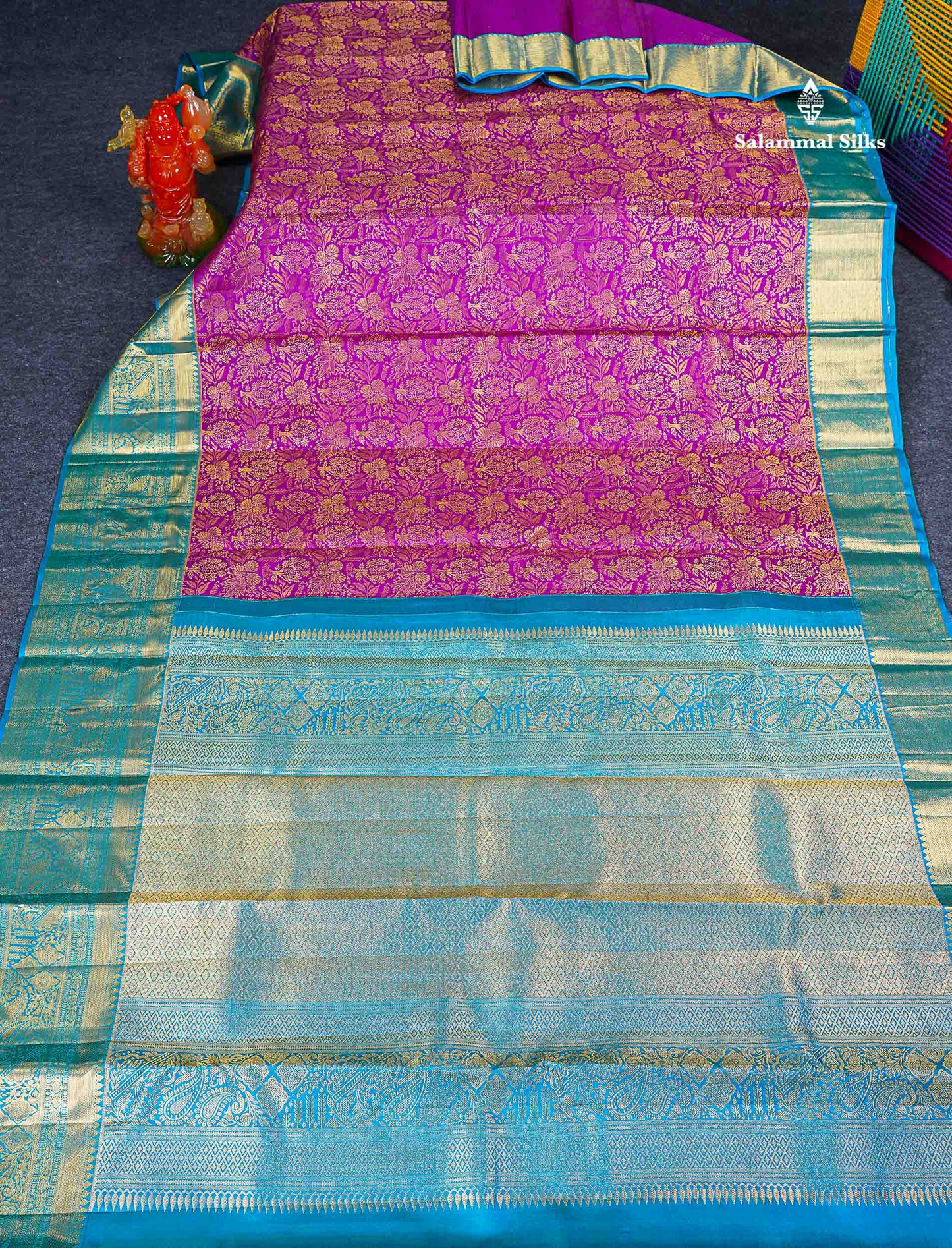 Bridal Pure Kanjivaram Silk Saree - Magenta Colour Body With Contrast Peacock Blue Evening Morning Border