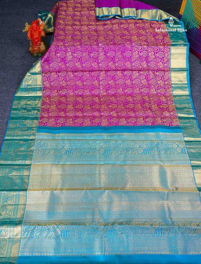 Bridal Pure Kanjivaram Silk Saree - Magenta Colour Body With Contrast Peacock Blue Evening Morning Border
